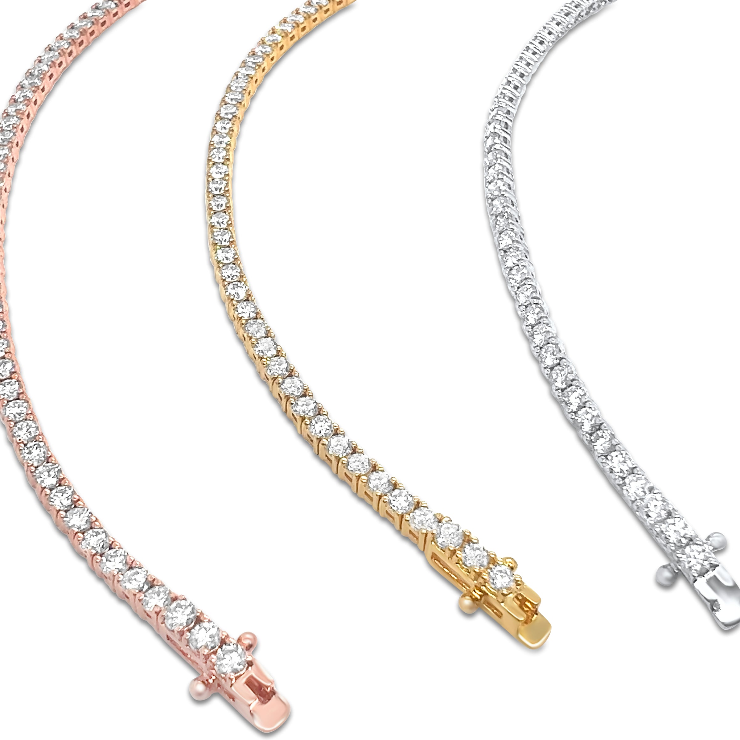 signature diamond tennis bracelets shown in rose gold, yellow gold and white gold.