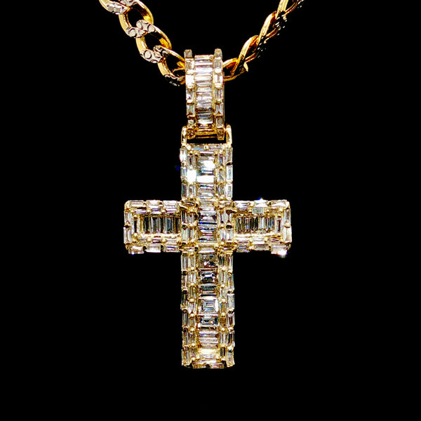 Natural Diamond Baguette Cross Pendant 14K Gold