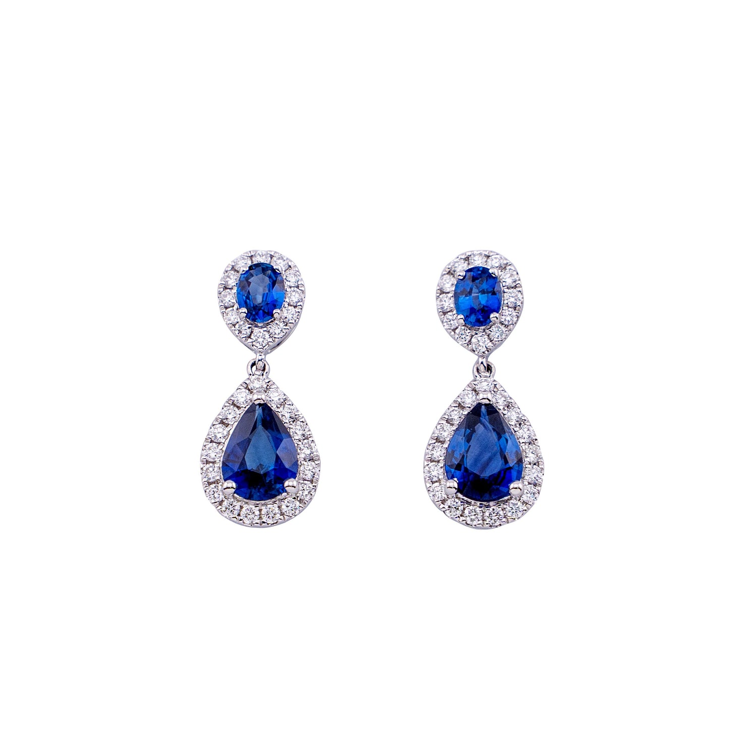 ROUND AND PEAR SHAPED BLUE SAPPHIRE AND DIAMOND DROP EARRING