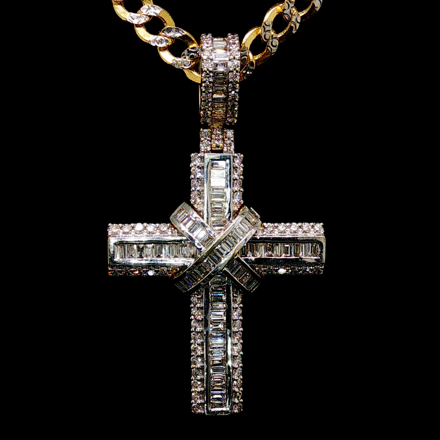 Yellow Gold Cross Pendant with Baguette Diamonds 10K Gold