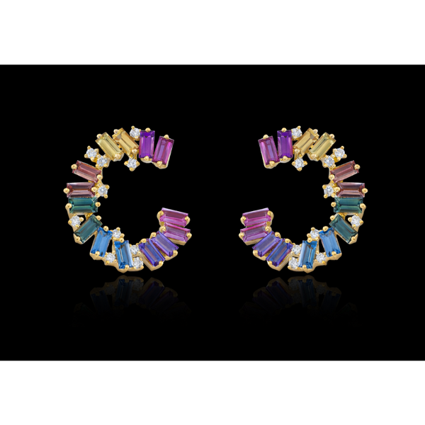 MULTI SAPPHIRE AND DIAMOND HALF ROUND EARRING
