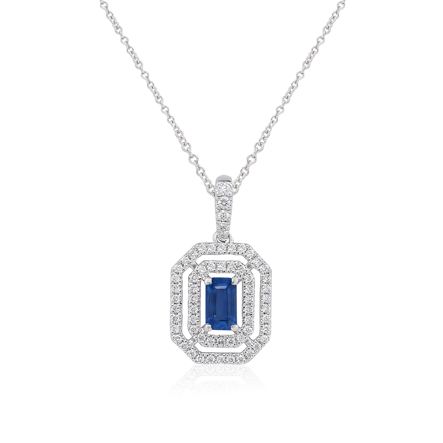 BLUE SAPPHIRE AND DIAMOND HALO NECKLACE