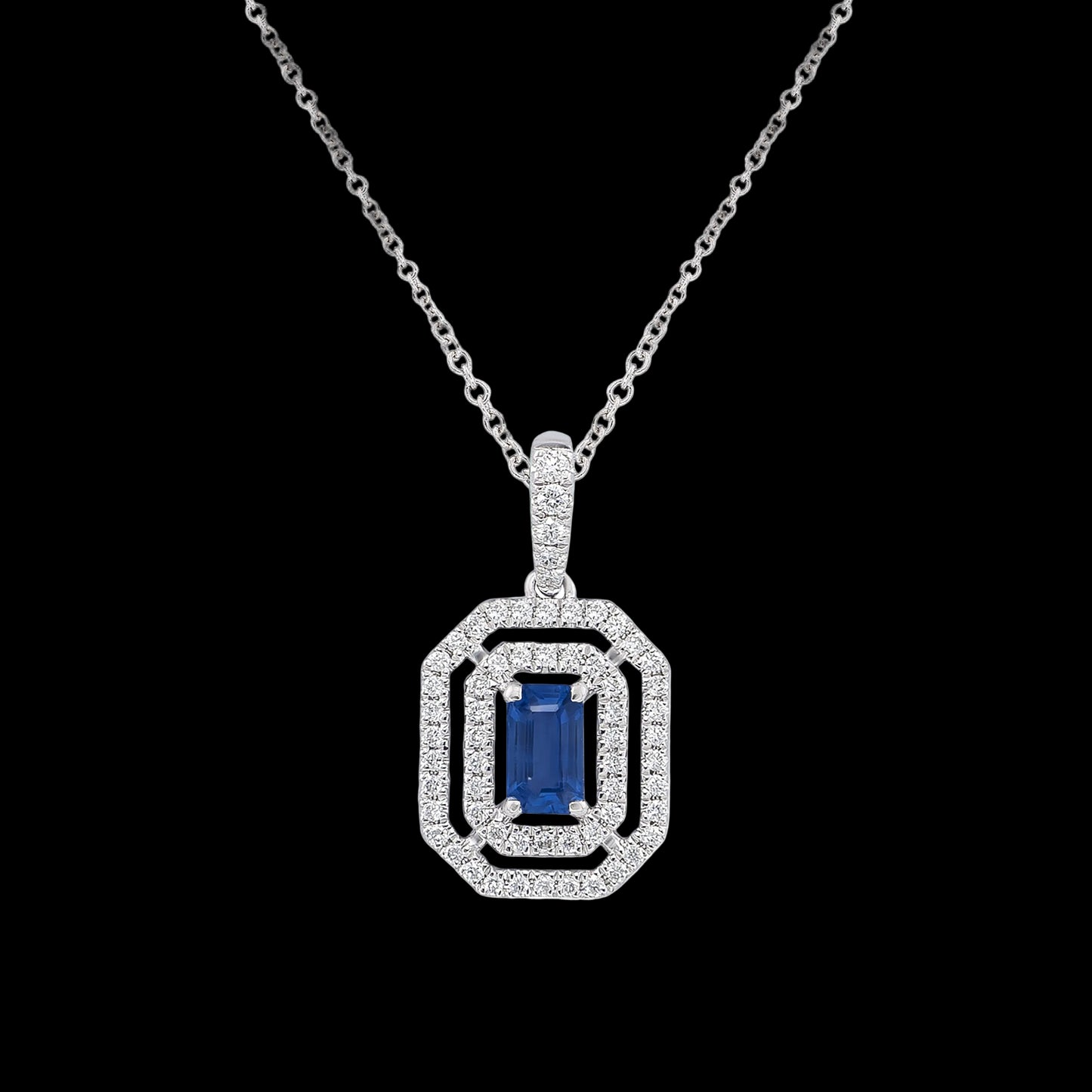 BLUE SAPPHIRE AND DIAMOND HALO NECKLACE