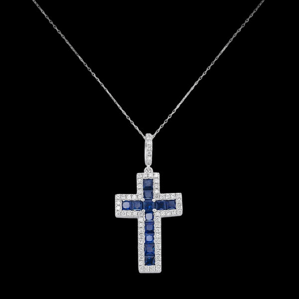 DIAMOND AND BLUE SAPPHIRE CROSS NECKLACE