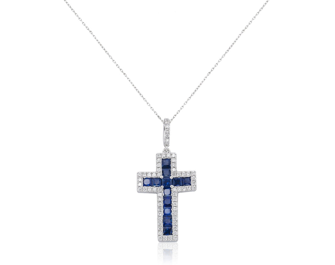 DIAMOND AND BLUE SAPPHIRE CROSS NECKLACE