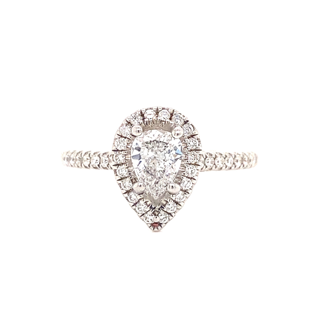 Pear Shaped Halo Pave Diamond Engagement Ring in 14K White Gold