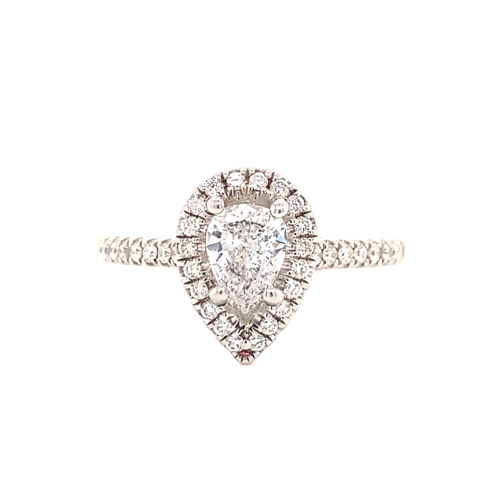 Pear Shaped Halo Pave Diamond Engagement Ring in 14K White Gold