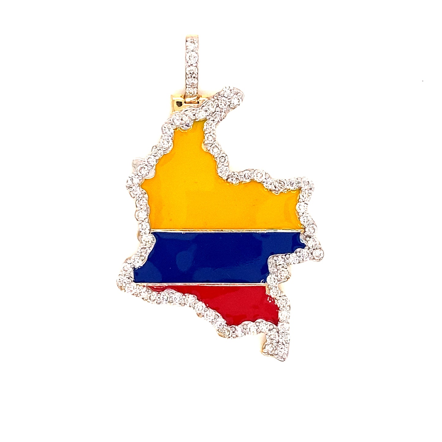 The country Colombia is represented in this pendant with its colorful display of yellow, blue, and red, and is surrounded by high-clarity diamonds.