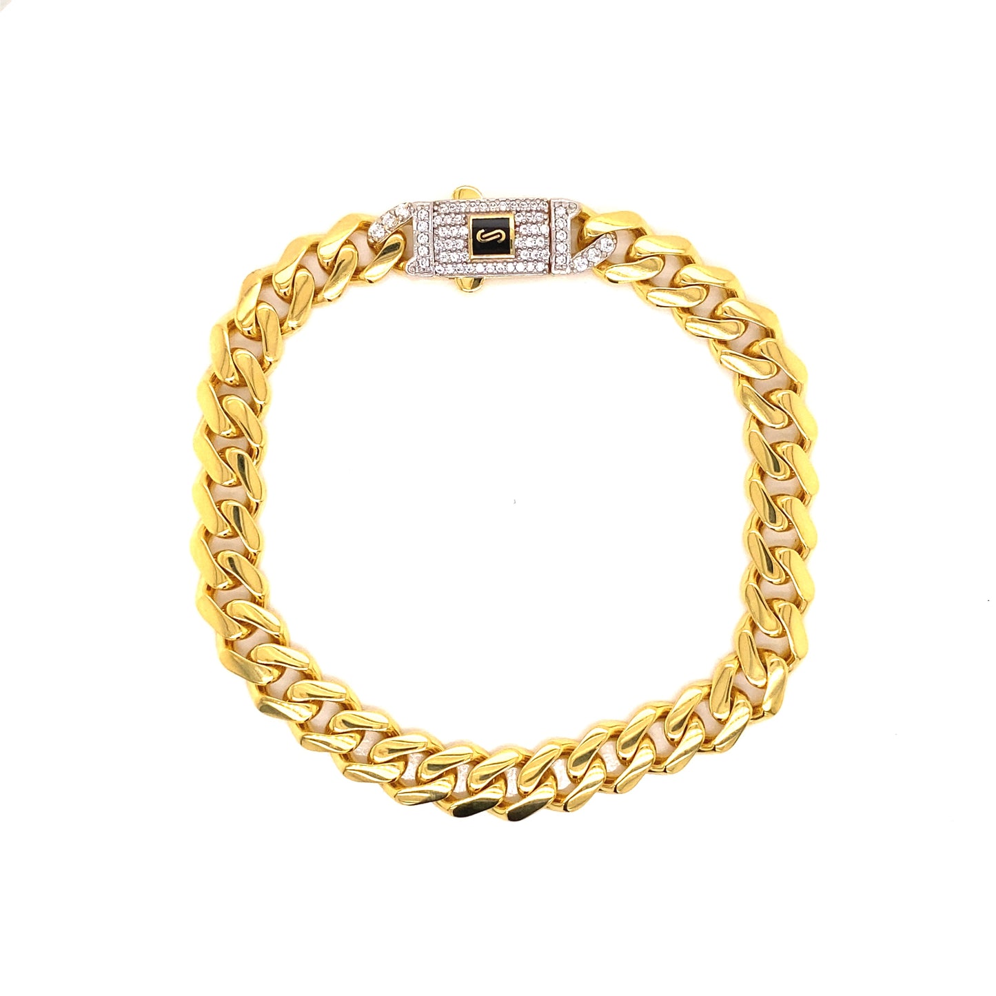 Secured push lock is made with white crystals and is based on 14k semi-gold.