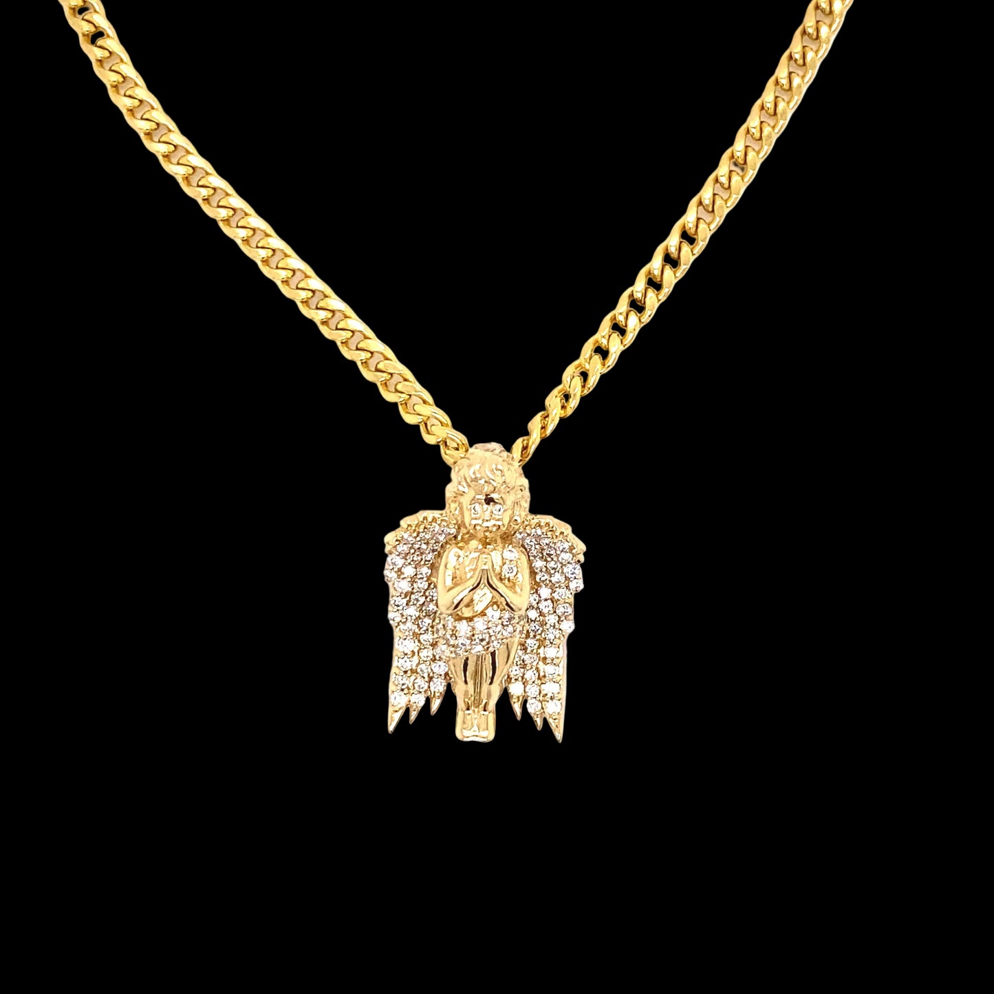 Gold Cuban chain with gold Cherub angel and diamonds.
