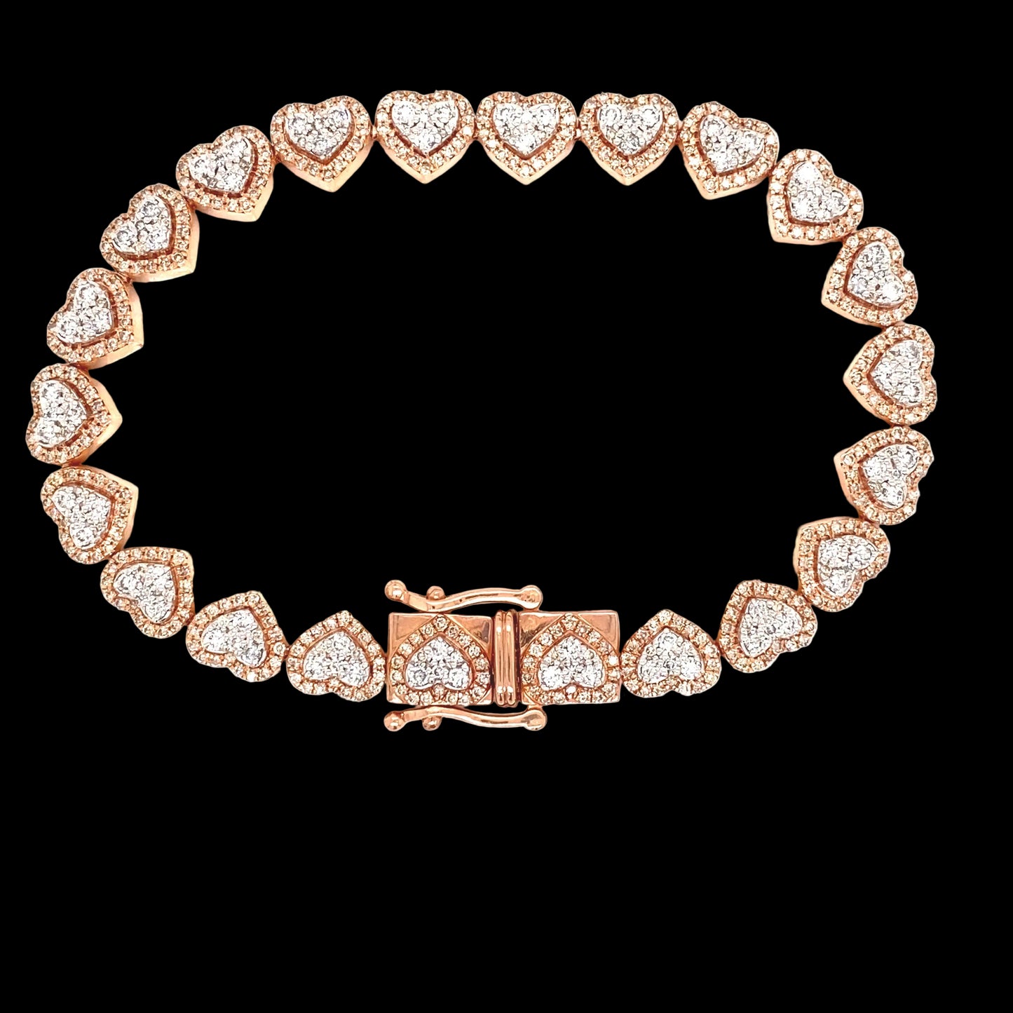 Diamond heart bracelet featuring a secured lock with pressure clasps.