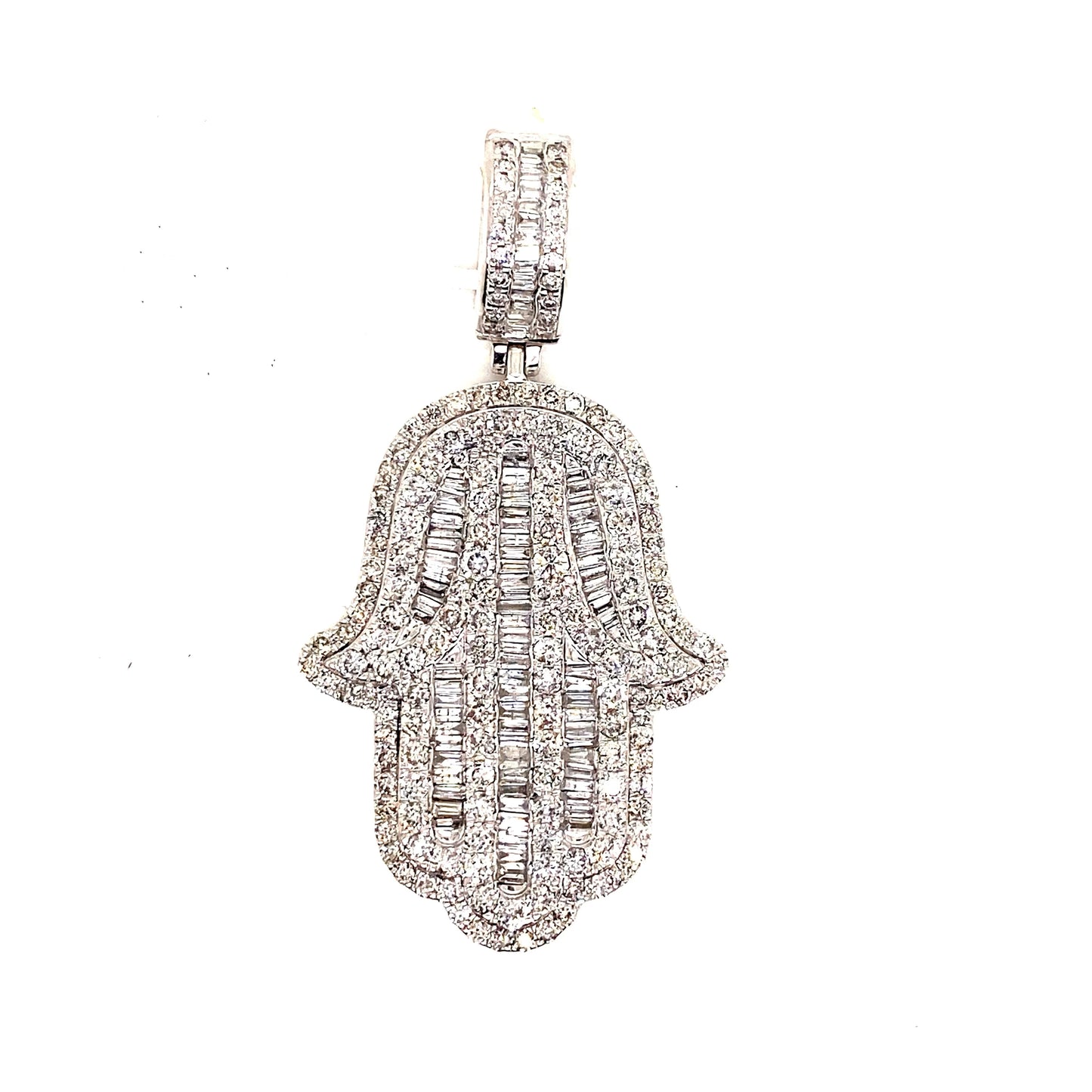 white gold jumbo baguette diamond hamsa pendant