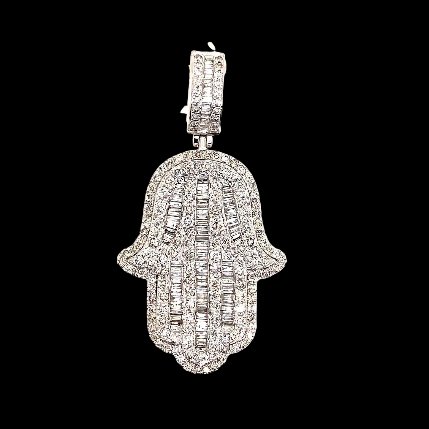 white gold jumbo baguette diamond hamsa pendant