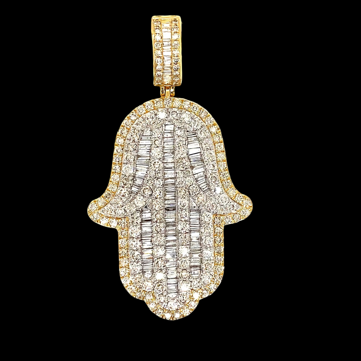 white gold jumbo baguette diamond hamsa pendant