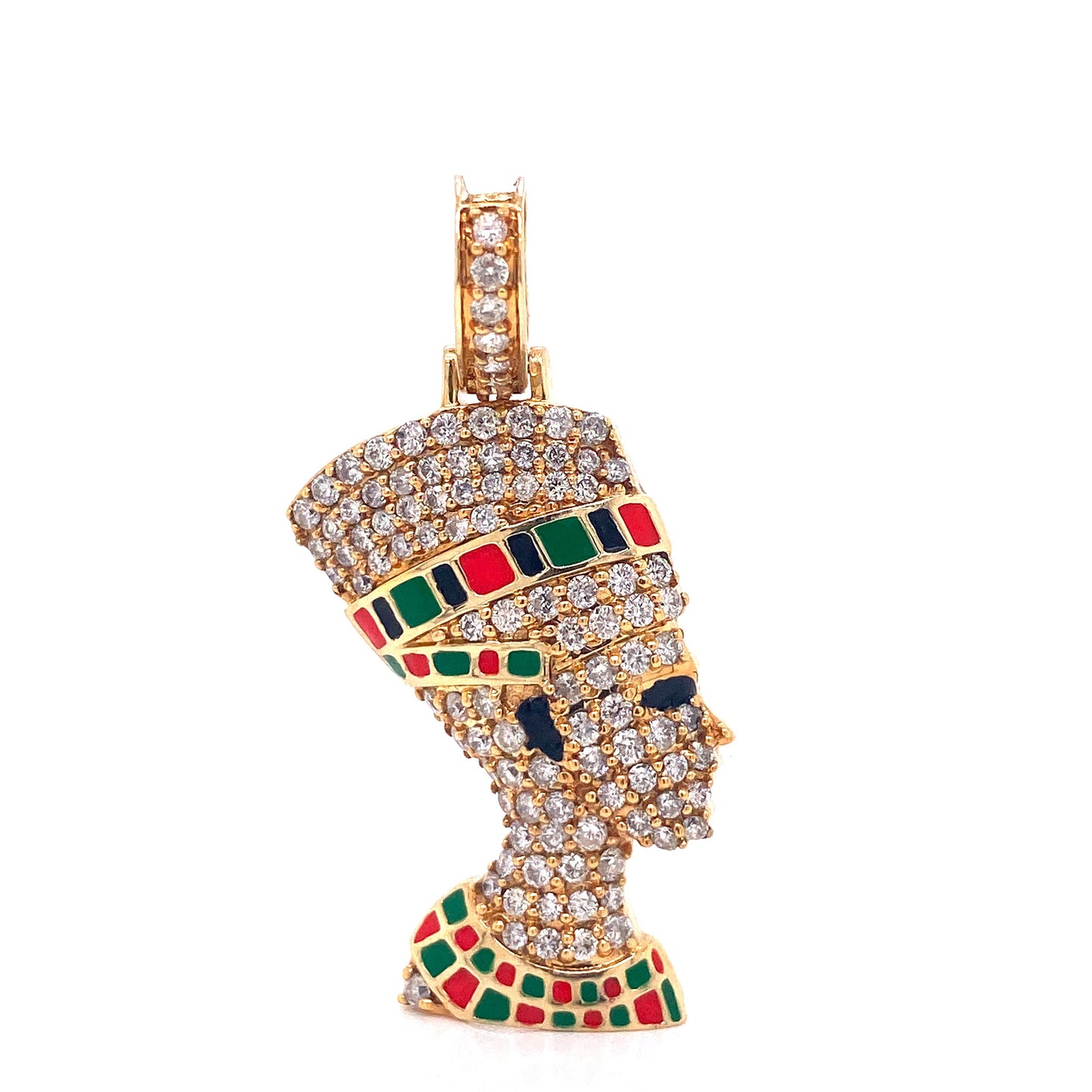 This Egyptian queen pendant is beautifully detailed with VS diamond clarity pave style diamonds. There are small areas of green, black, and red are made of enamel.