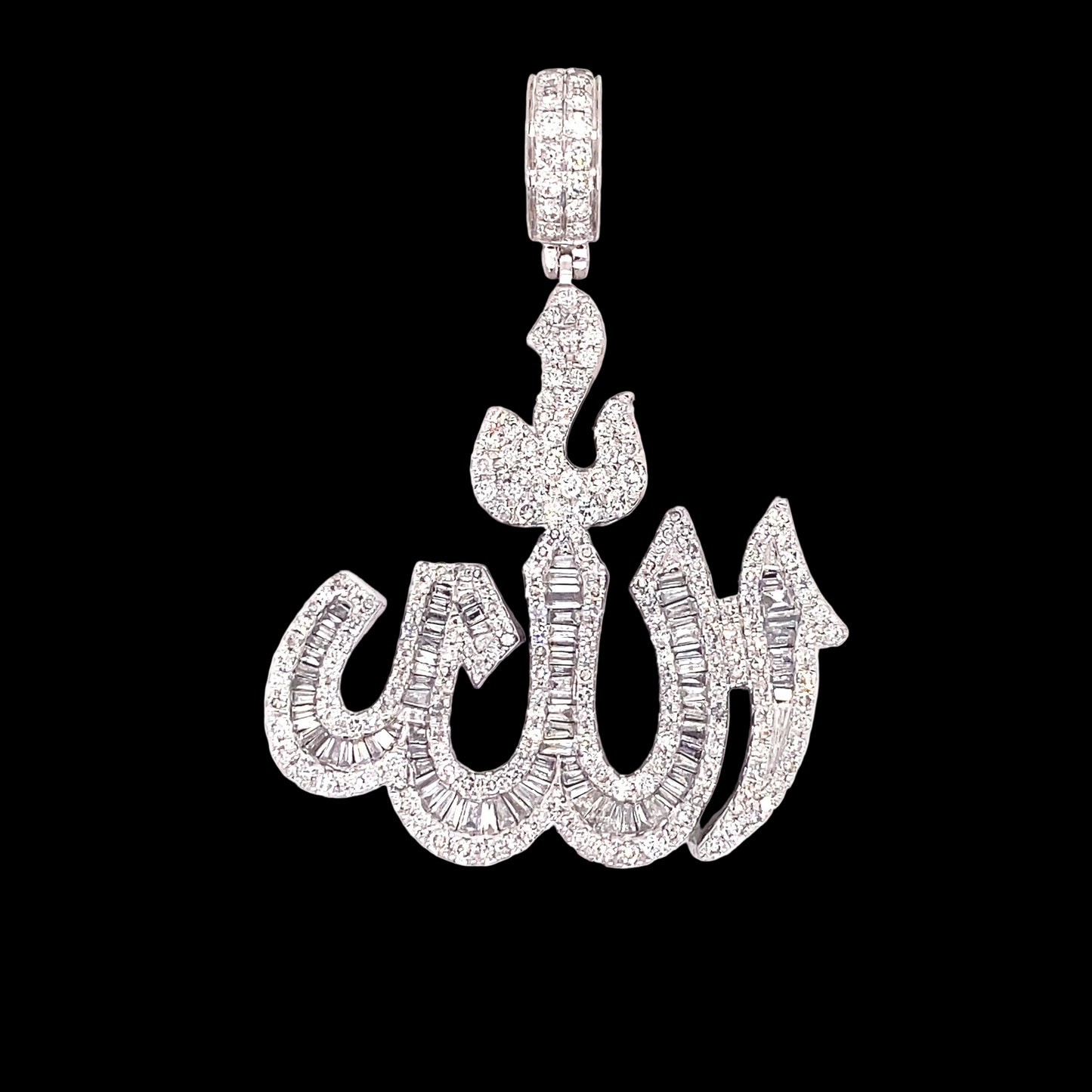 White gold and diamond Allah pendant with round-cut and baguette diamonds.