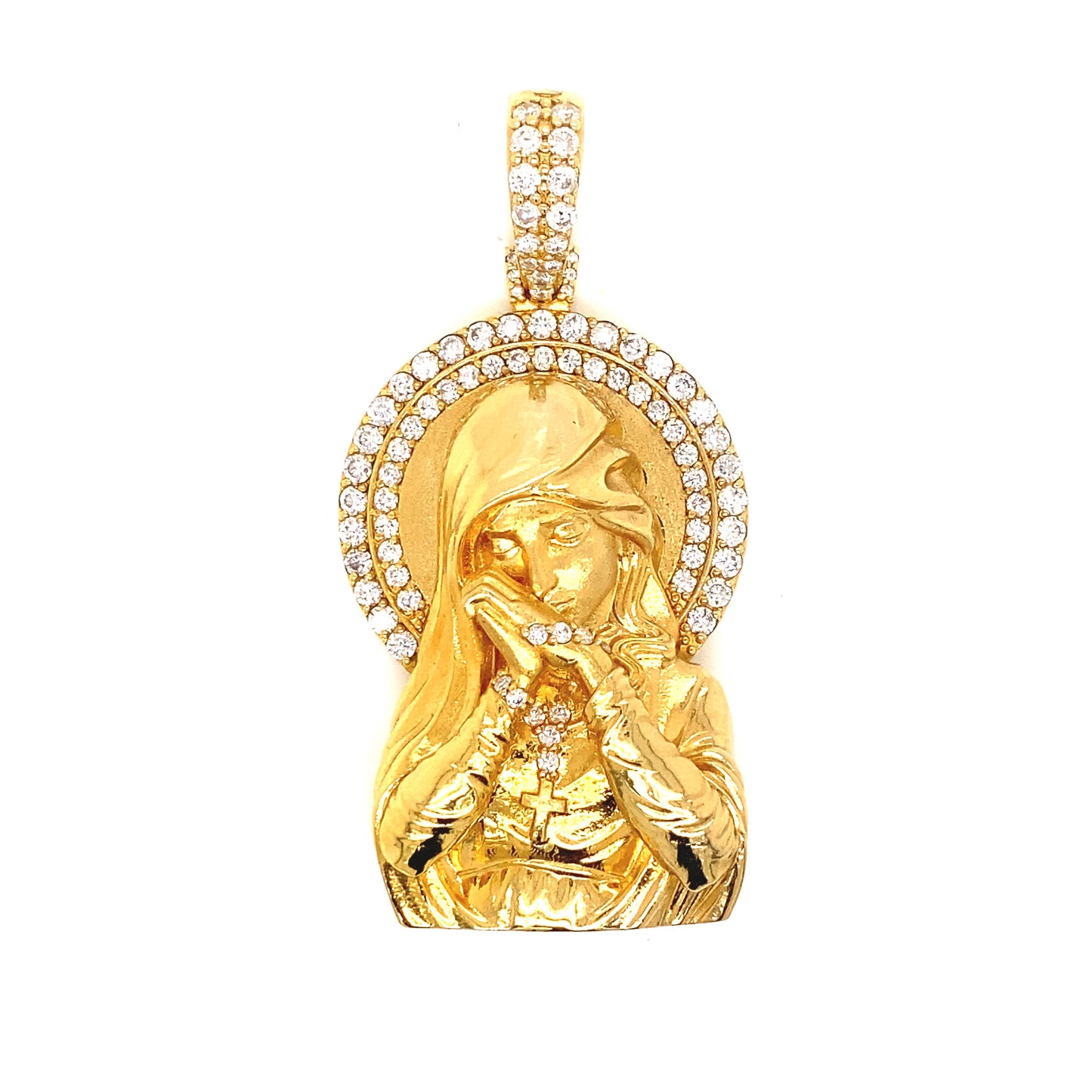 Yellow gold Virgin Mary decorated with white diamond stones.
