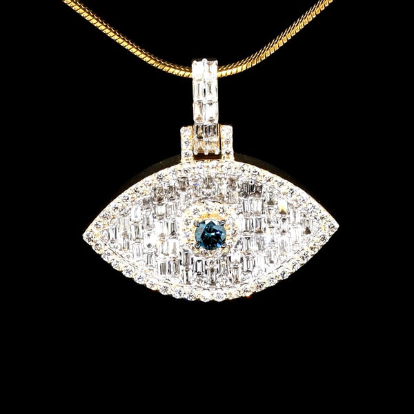 Natural Diamond Baguette Evil Eye Pendant 14K Gold