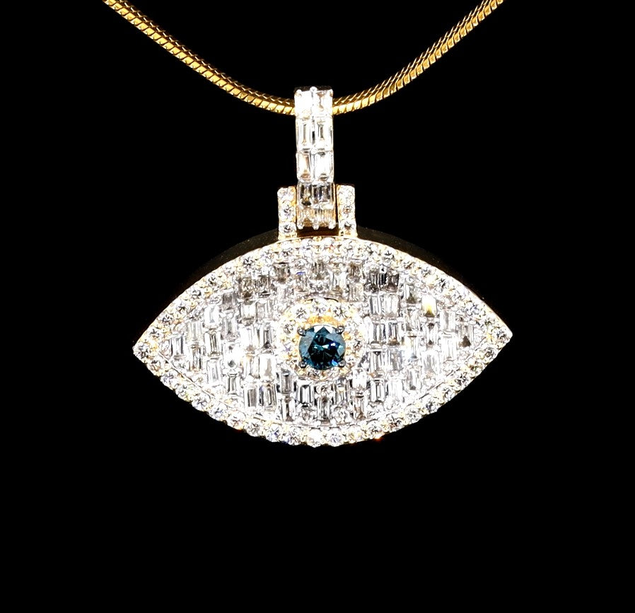 Natural Diamond Baguette Evil Eye Pendant 14K Gold