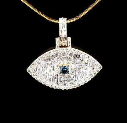 Natural Diamond Baguette Evil Eye Pendant 14K Gold
