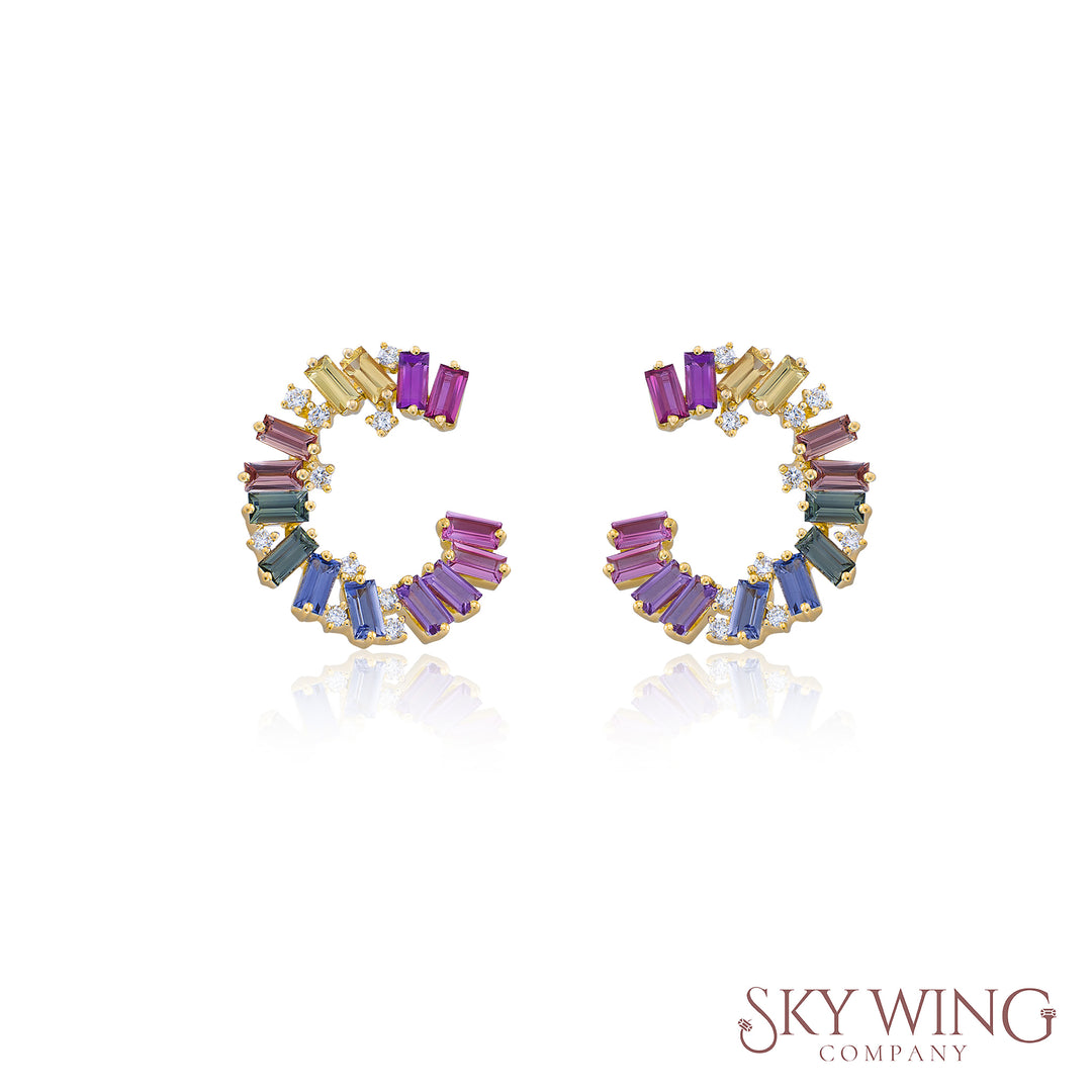 MULTI SAPPHIRE AND DIAMOND HALF ROUND EARRING