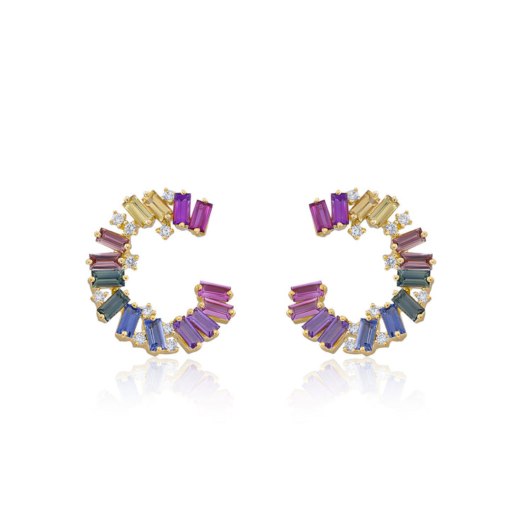 MULTI SAPPHIRE AND DIAMOND HALF ROUND EARRING