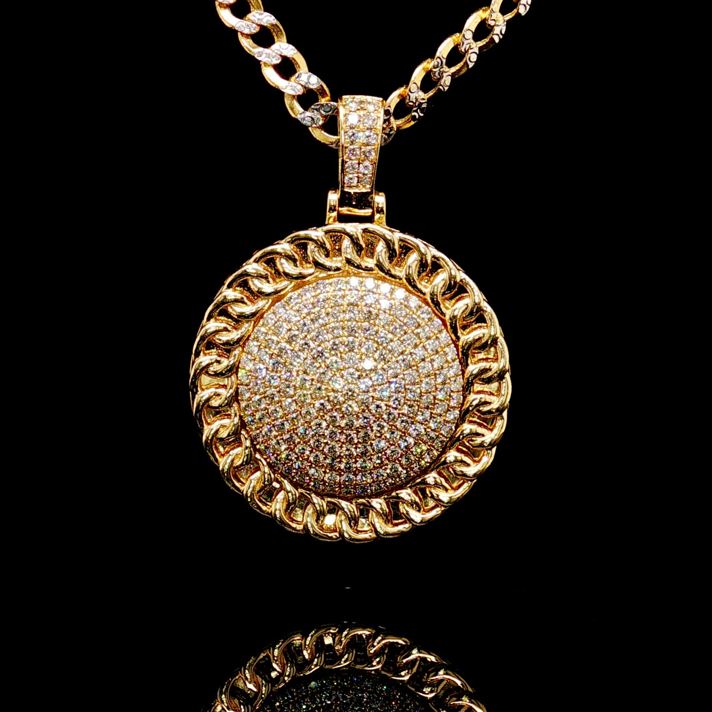 14k Gold Cuban Inspired Diamond Round Pendant