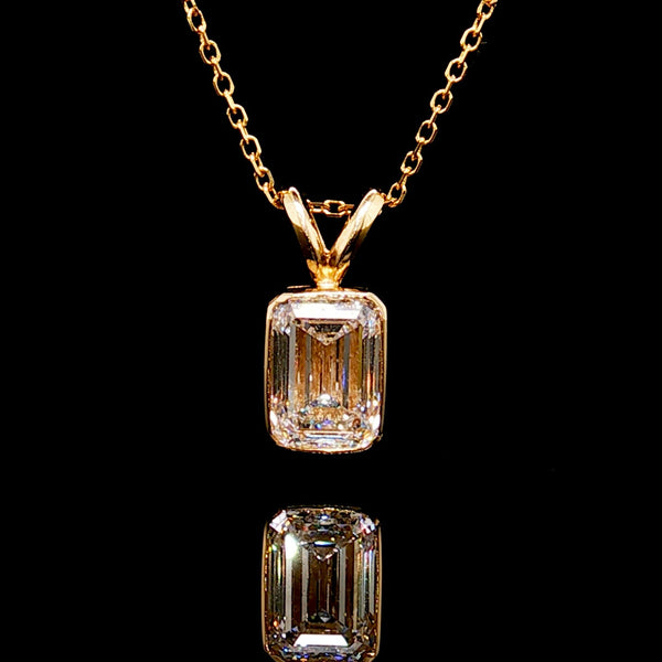 Bezel Set Emerald Diamond Pendant 14K Gold