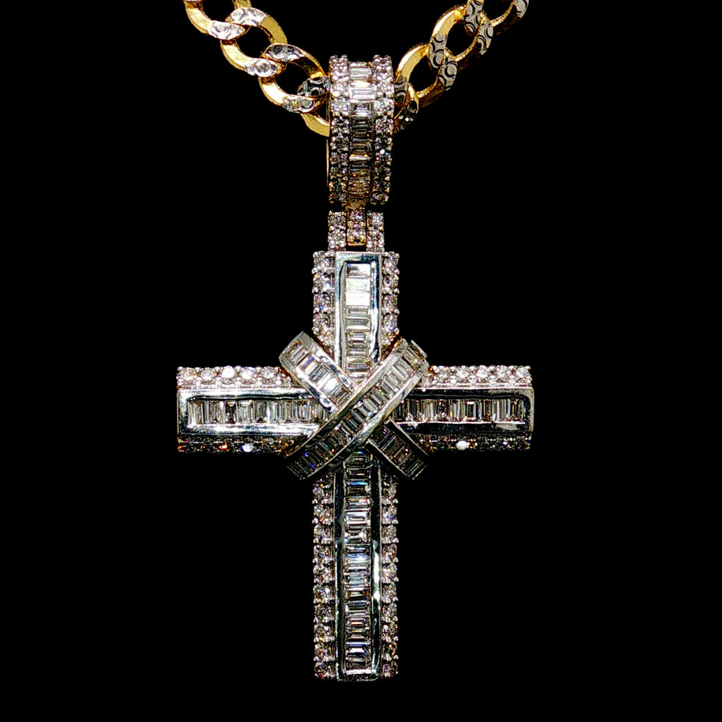 Yellow Gold Cross Pendant with Baguette Diamonds 10K Gold