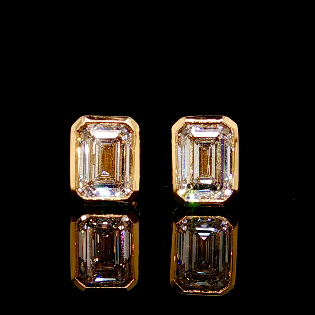 Lab Emerald Diamond Bezel Set Studs 14K Gold