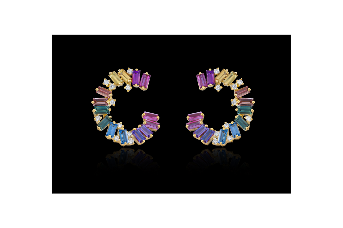 MULTI SAPPHIRE AND DIAMOND HALF ROUND EARRING