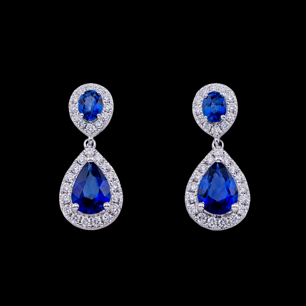 ROUND AND PEAR SHAPED BLUE SAPPHIRE AND DIAMOND DROP EARRING