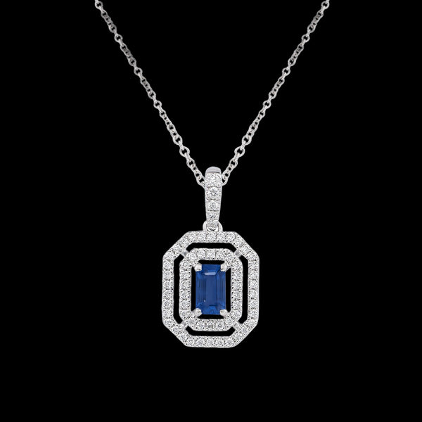 BLUE SAPPHIRE AND DIAMOND HALO NECKLACE