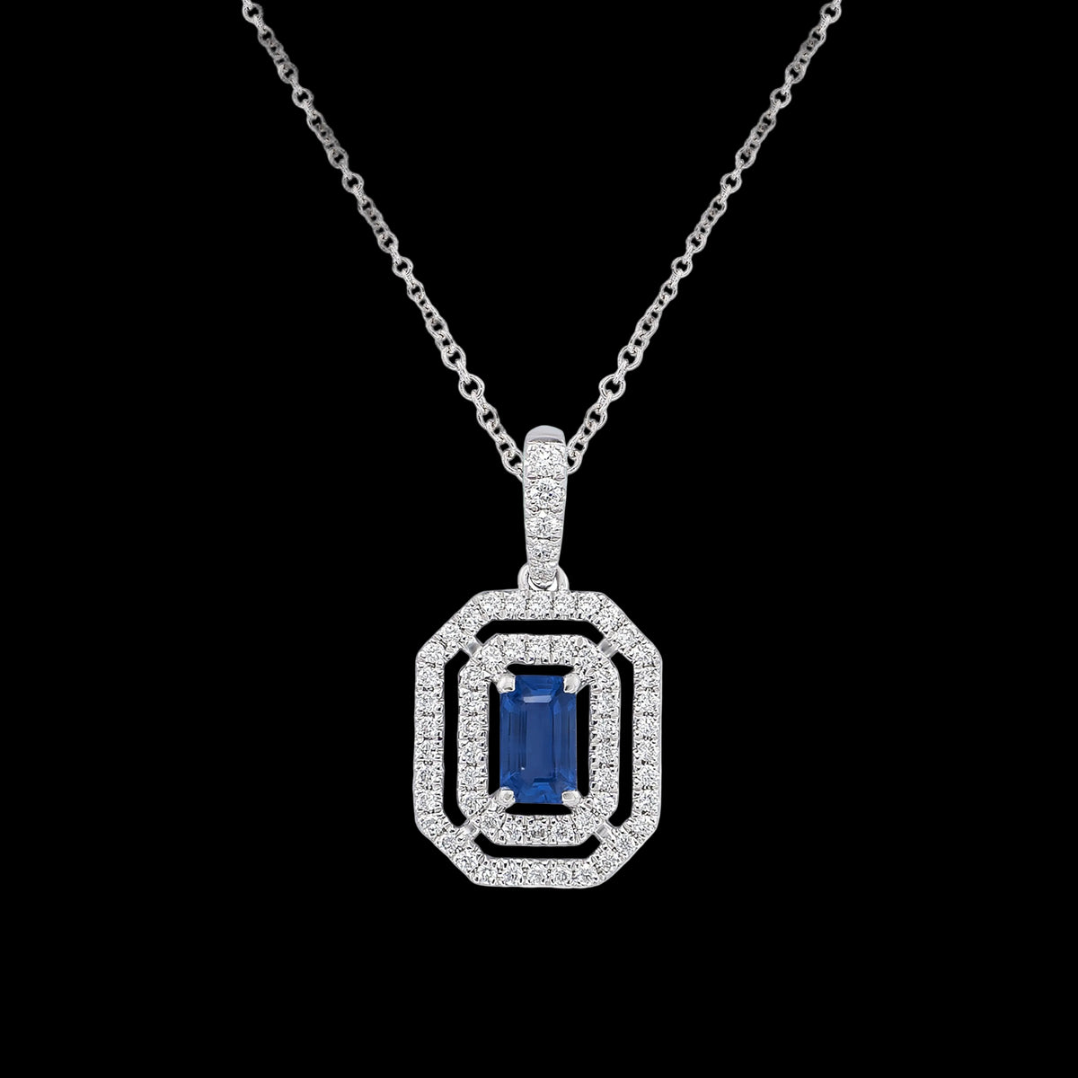 BLUE SAPPHIRE AND DIAMOND HALO NECKLACE