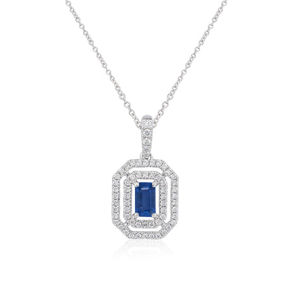 BLUE SAPPHIRE AND DIAMOND HALO NECKLACE