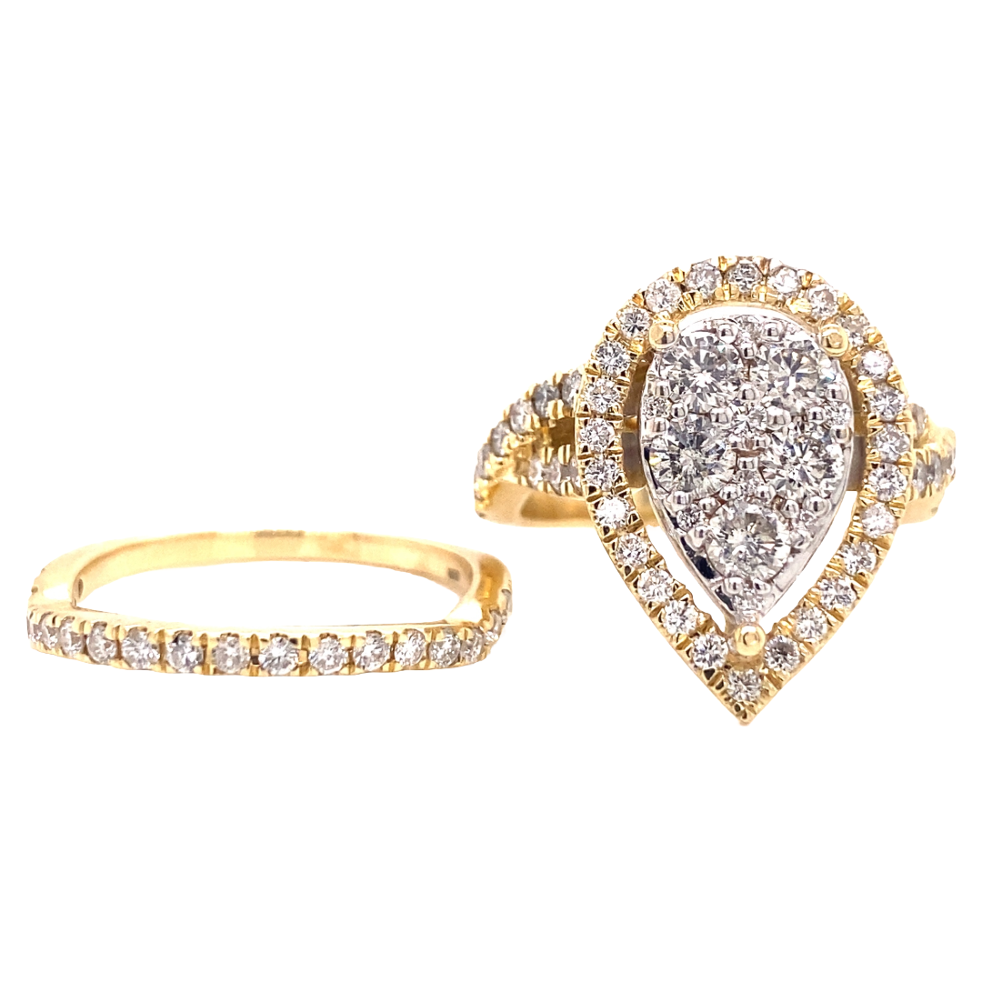 Pear halo shape lining with round-cut stones and a pave center. Wedding band is found on the left. Both rings are based on solid yellow gold.