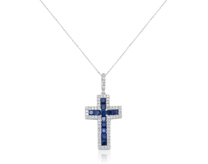 DIAMOND AND BLUE SAPPHIRE CROSS NECKLACE