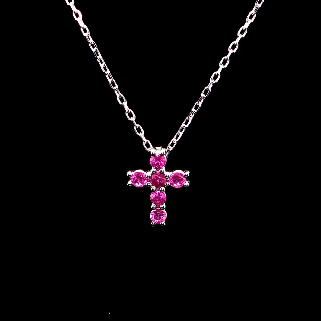 Pink Sapphire Cross Charm Necklace