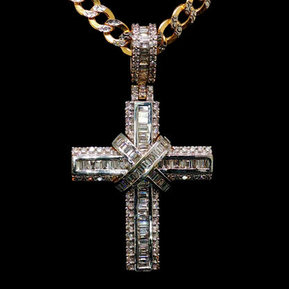 Yellow Gold Cross Pendant with Baguette Diamonds 10K Gold