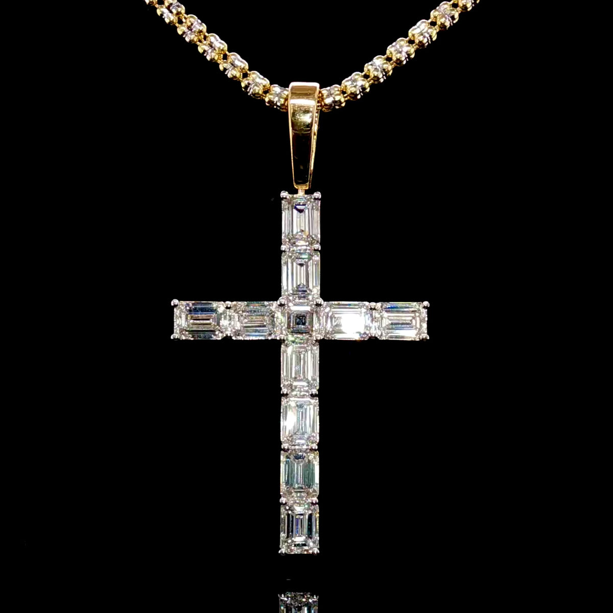 Emerald Diamond Cross Pendant in 14k Gold