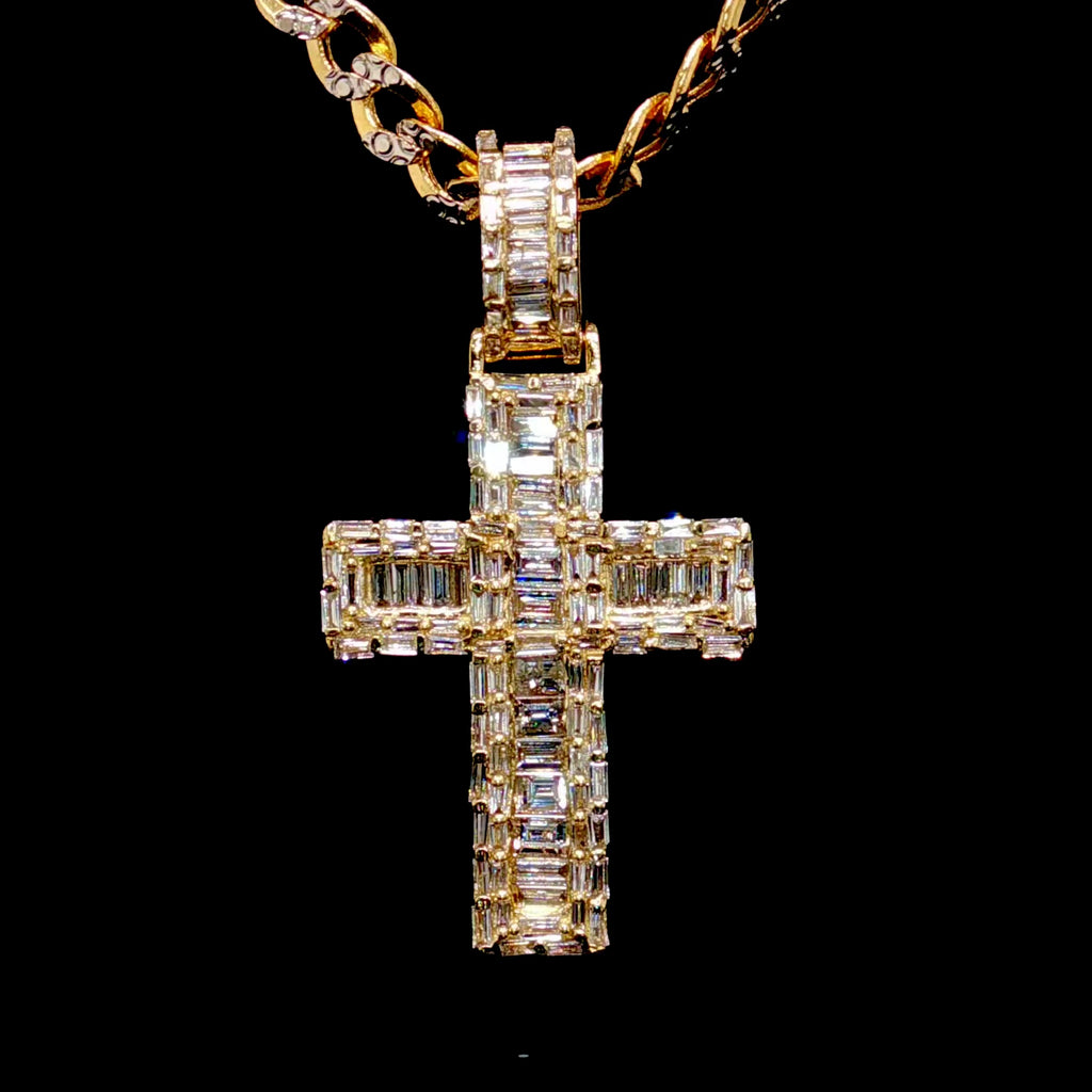 Natural Diamond Baguette Cross Pendant 14K Gold