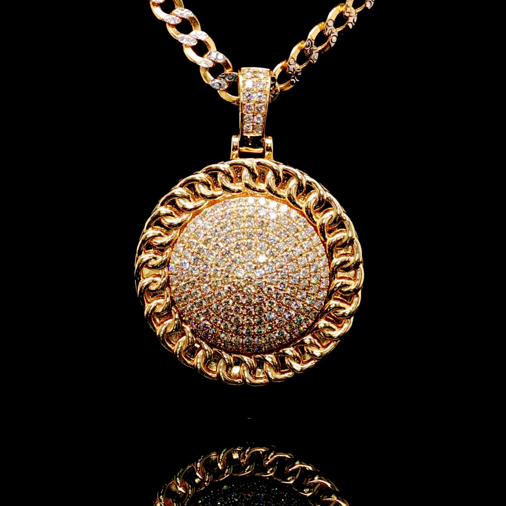 14k Gold Cuban Inspired Diamond Round Pendant