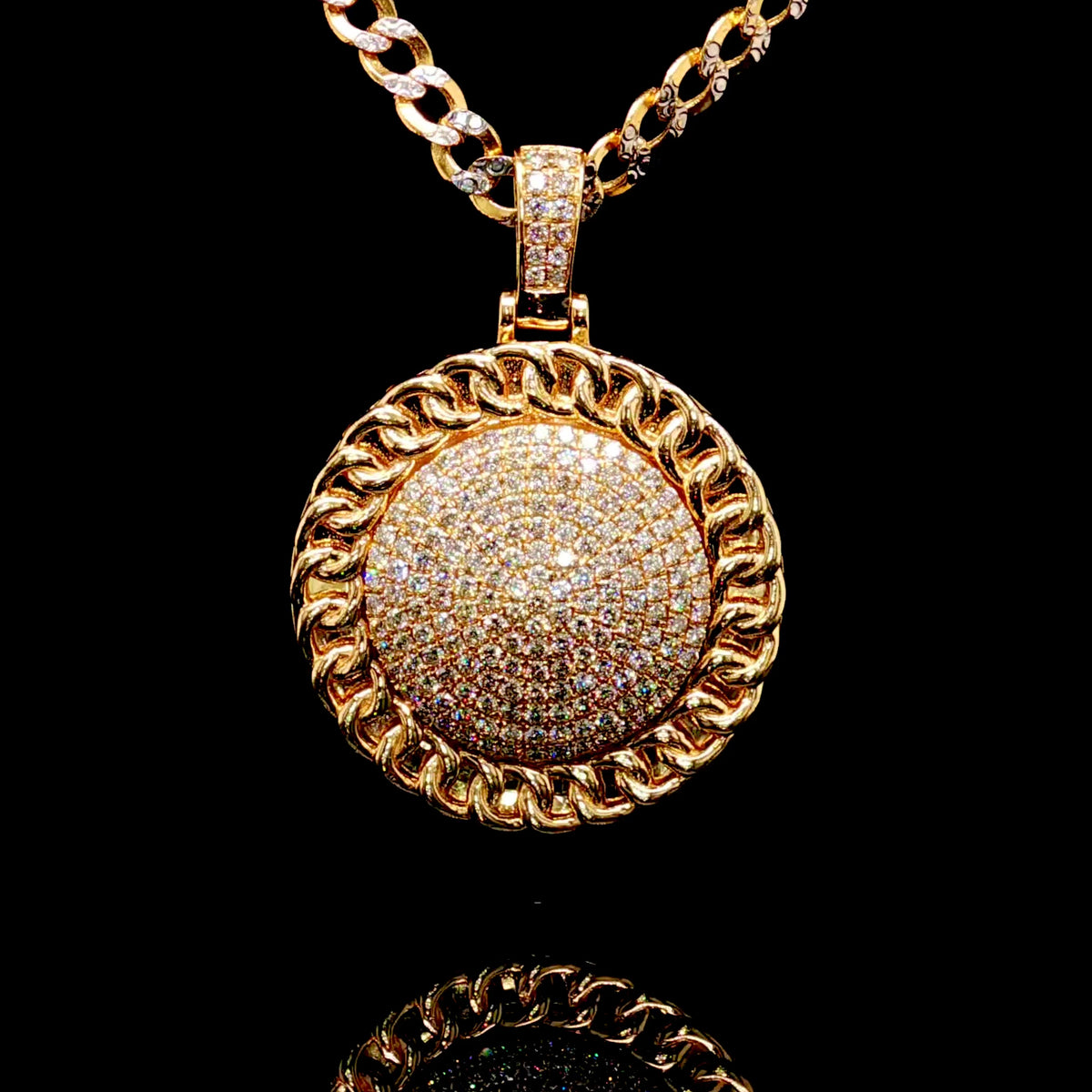 14k Gold Cuban Inspired Diamond Round Pendant