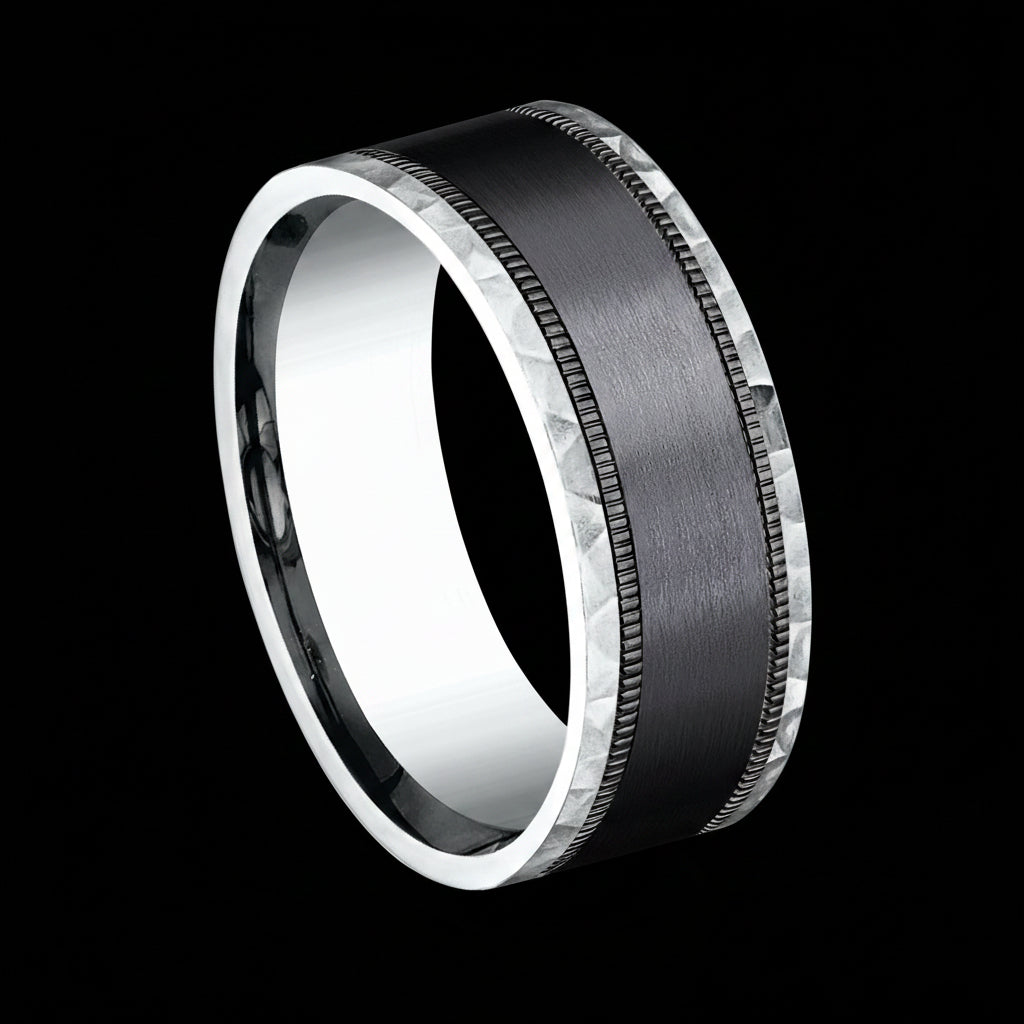 Mens Black Titanium Ring 14K White Gold