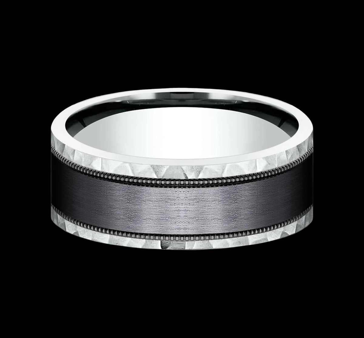 Mens Black Titanium Ring 14K White Gold