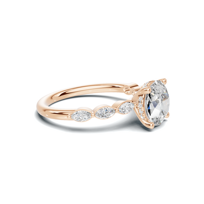 2.5 CT Oval Diamond Ring with Marquise Leaf Accents
