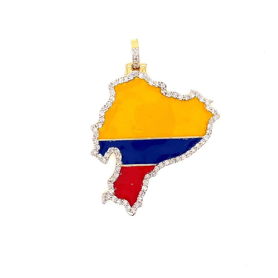 The country of Ecuador is displayed here and is surrounded by high-clarity VS diamonds. The country's colors are yellow, blue, and red.