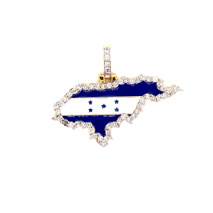The country of Honduras is displayed here in this pendant represented by the colors blue and white. The pendant is based on 14 karat yellow gold, and has VS clarity diamonds. 