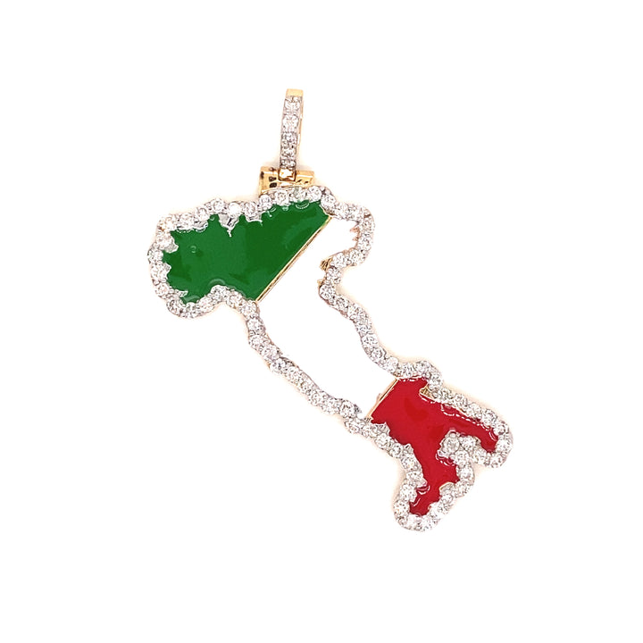 This Italy pendant is based on 14 karat gold and displays it's colors green, white, and red. The pendant is surrounded by VS clarity diamonds. 