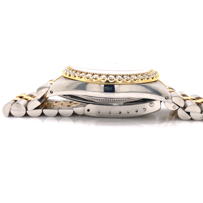 The Rolex Datejust is displayed to show it's stainless steel and 18K yellow gold combination.